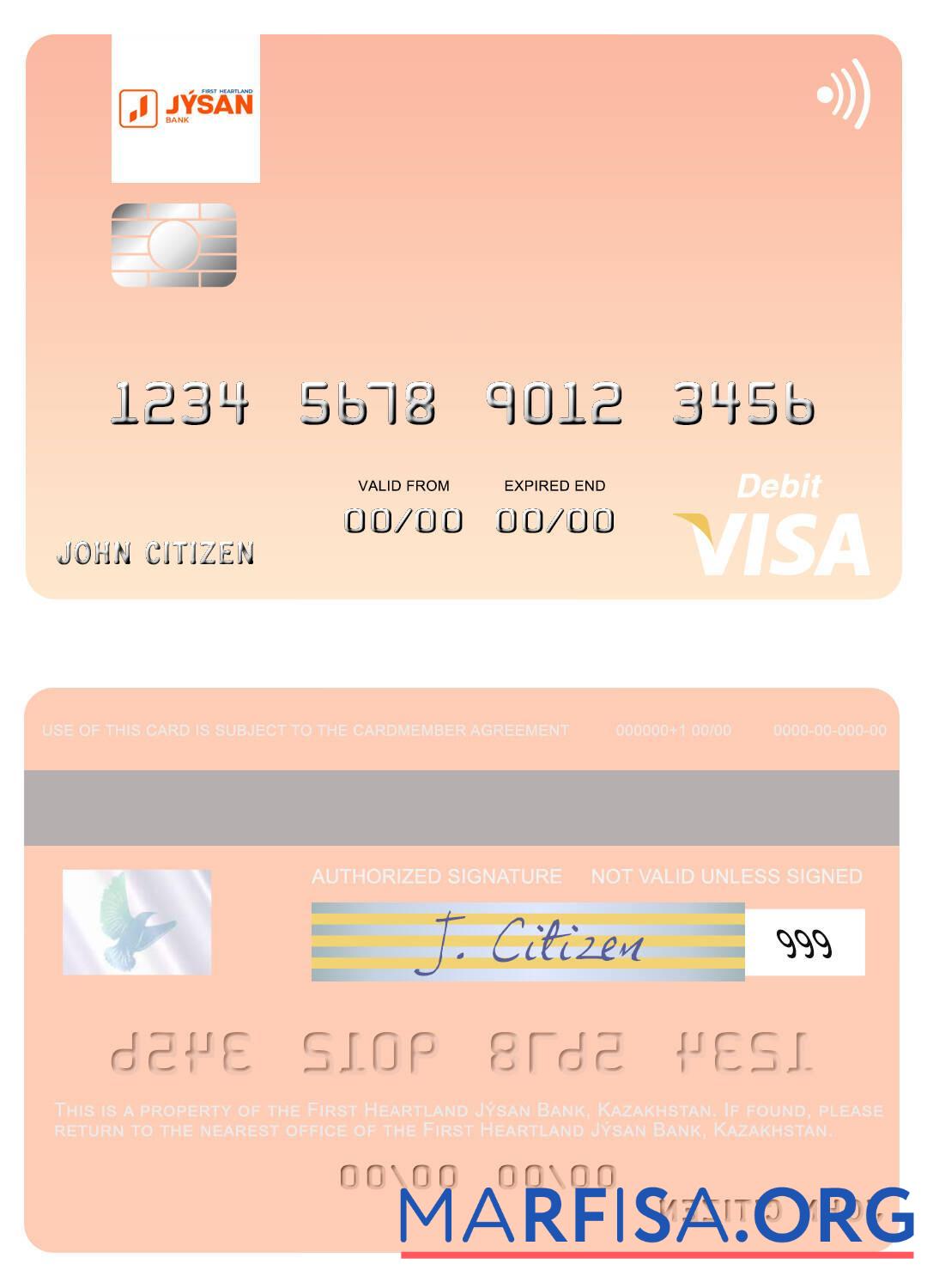 Realistic Kazakhstan First Heartland Jýsan Bank visa debit card download for verification